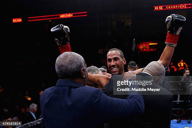 James DeGale celebrates his win over Andre Dirrell after their super middleweight fight at Agganis Arena at Boston University on May 23, 2015 in...