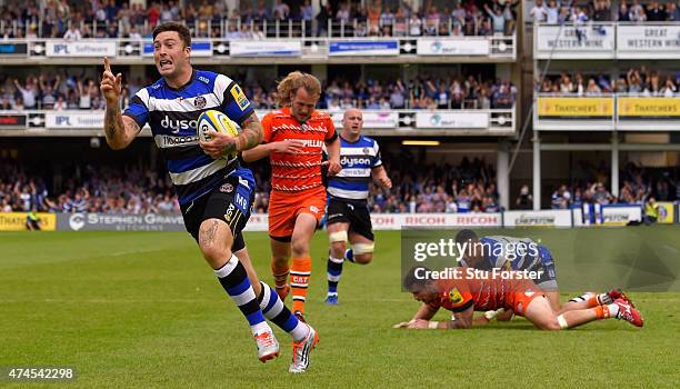 Bath player Matt Banahan runs in his third try during the Aviva Premiership semi final match between Bath Rugby and Leicester Tigers at Recreation...