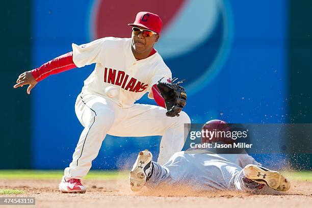 Shortstop Jose Ramirez of the Cleveland Indians makes the play as Billy Hamilton of the Cincinnati Reds is out at second on a steal attempt during...