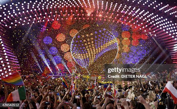 Confettis is seen at the announce of th winner during the Song Contest final on May 23, 2015 in Vienna. AFP PHOTO / DIETER NAGL