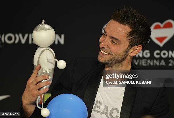 Sweden's Mans Zelmerlow attends a press conference after winning the Eurovision Song Contest final early on May 24, 2015 in Vienna. AFP PHOTO /...