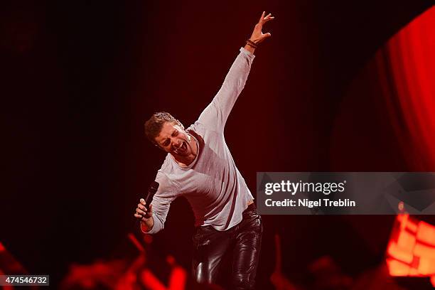 Mans Zelmerloew of Sweden performs after winning the Eurovision Song Contest 2015 on May 23, 2015 in Vienna, Austria. The final of the Eurovision...