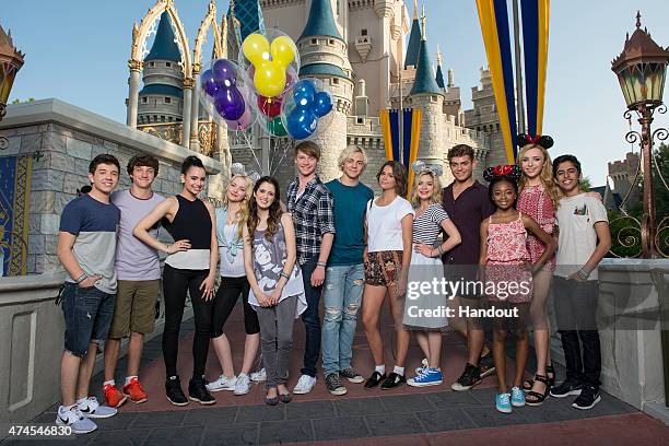 In this handout photo provided by Disney Parks, Bradley Steven Perry, Jake Short, Sofia Carson, Dove Cameron, Laura Marano, Calum Worthy, Ross Lynch,...