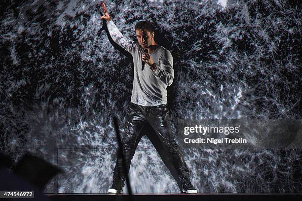 Mans Zelmerloew of Sweden performs after winning the Eurovision Song Contest 2015 on May 23, 2015 in Vienna, Austria. The final of the Eurovision...