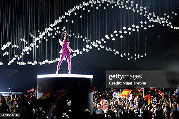 Conchita Wurst performs on stage during the final of the Eurovision Song Contest 2015 on May 23, 2015 in Vienna, Austria. The final of the Eurovision...