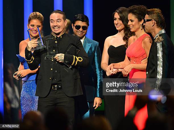 Kimberly Dos Ramos, J Balvin and Plan B onstage during the 2015 Billboard Latin Music Awards presented by State Farm on Telemundo at Bank United...