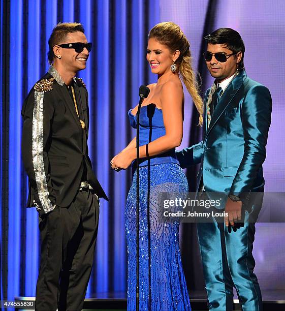 Plan B and Kimberly Dos Ramos onstage during the 2015 Billboard Latin Music Awards presented by State Farm on Telemundo at Bank United Center on...