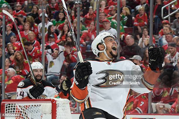 Emerson Etem of the Anaheim Ducks reacts after the Ducks scored against the Chicago Blackhawks in the second period in Game Four of the Western...