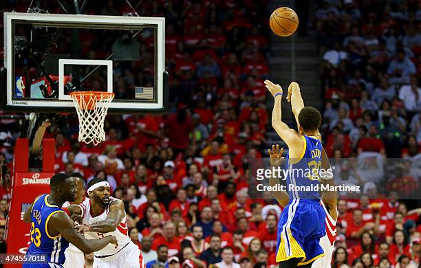Stephen Curry of the Golden State Warriors shoots a three pointer to set the record for most three pointers in a post season in the second quarter...
