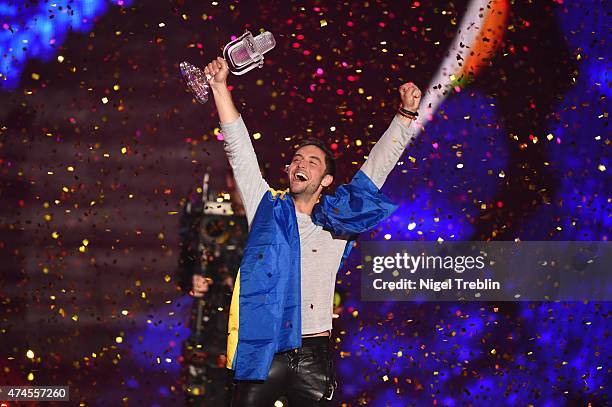 Mans Zelmerloew of Sweden reacts after winning on stage during the final of the Eurovision Song Contest 2015 on May 23, 2015 in Vienna, Austria. The...