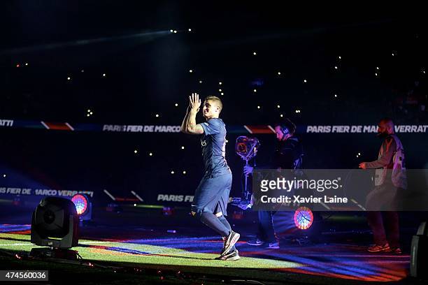 May 23: Marco Verratti of Paris Saint-Germain celebrates winning the championship after the French Ligue 1 game between Paris Saint-Germain FC and...