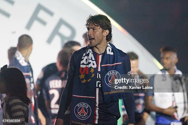 May 23: Maxwell of Paris Saint-Germain react and celebrates winning the championship after the French Ligue 1 game between Paris Saint-Germain FC and...