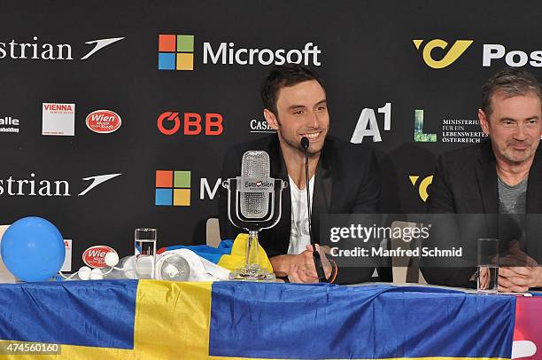 Mans Zelmerlow of Sweden speaks to the audience during the press conference after winning the Eurovision Song Contest final on May 23, 2015.