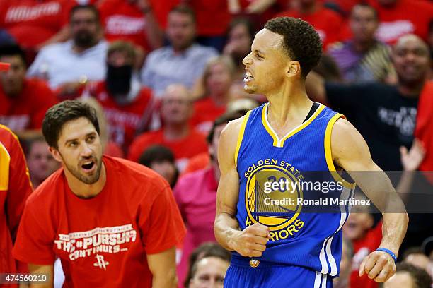 Stephen Curry of the Golden State Warriors reacts in the third quarter against the Houston Rockets during Game Three of the Western Conference Finals...