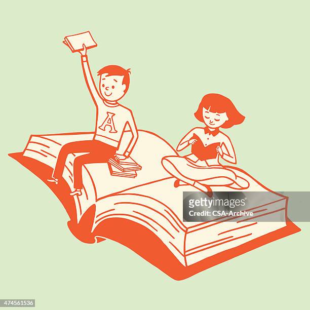 kids riding on a book - boy reading stock illustrations