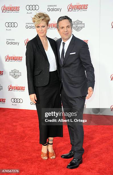 Actor Mark Ruffalo and wife/actress Sunrise Coigneyo arrive for the Premiere Of Marvel's "Avengers Age Of Ultron" held at Dolby Theatre on April 13,...