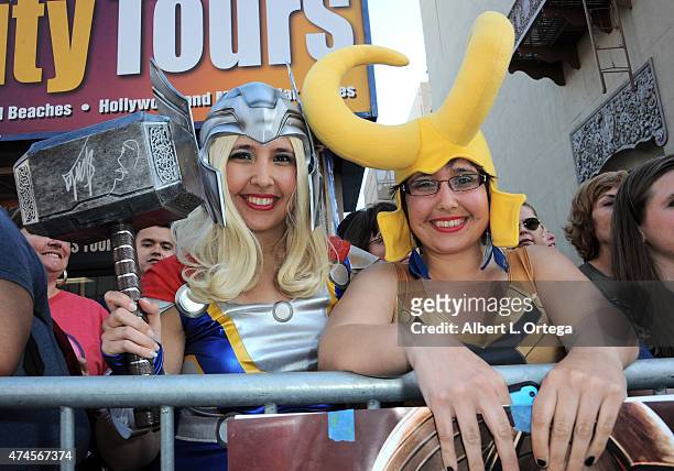 Fans dressed as Thor and Loki watch the arrivals at the Premiere Of Marvel's "Avengers Age Of Ultron" held at Dolby Theatre on April 13, 2015 in...