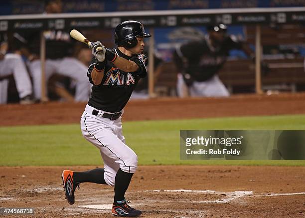 Ichiro Suzuki of the Miami Marlins strikes out during an at bat during the sixth inning of the game against the Baltimore Orioles at Marlins Park on...