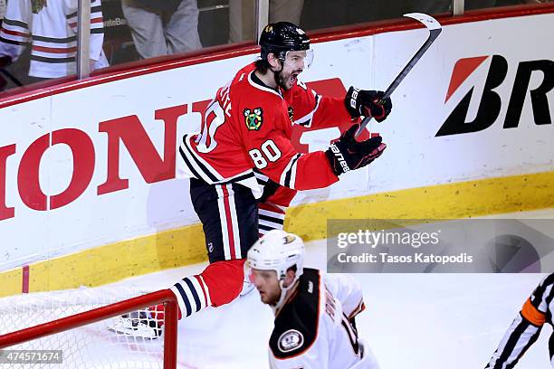 Antoine Vermette of the Chicago Blackhawks celebrates after scoring the game winning goal in the second overtime period to defeat the Anaheim Ducks...