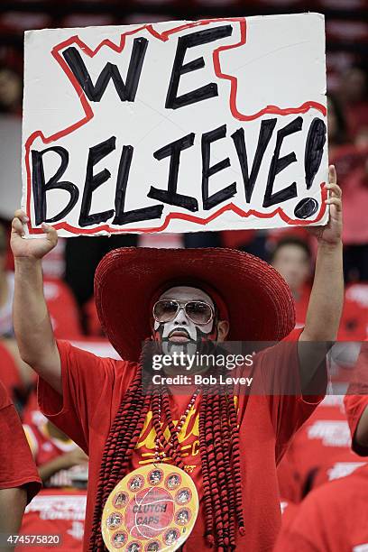 Houston Rockets fans cheer during Game Three of the Western Conference Finals at Toyota Center on May 23, 2015 in Houston, Texas. NOTE TO USER: User...