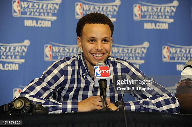 Stephen Curry of the Golden State Warriors speaks to the media after Game Three of the Western Conference Finals against the Houston Rockets during...