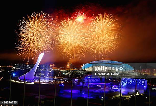 Fireworks explode over Olympic Park during the 2014 Sochi Winter Olympics Closing Ceremony on February 23, 2014 in Sochi, Russia.