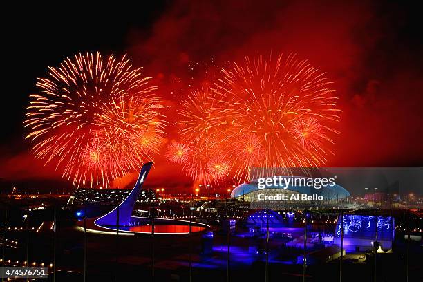 Fireworks explode over Olympic Park during the 2014 Sochi Winter Olympics Closing Ceremony on February 23, 2014 in Sochi, Russia.