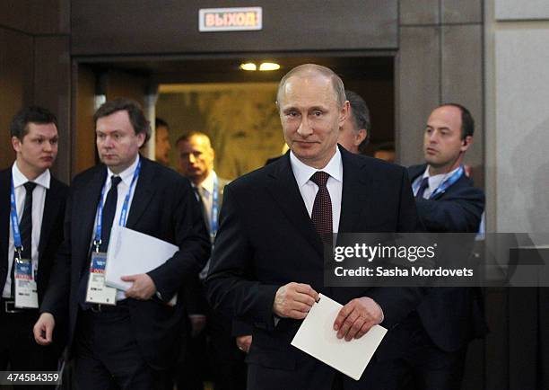 Russian President Vladimir Putin during an awards ceremony for Russian Olympic athletes on February 24, 2014 in Sochi, Russia. Russian President...