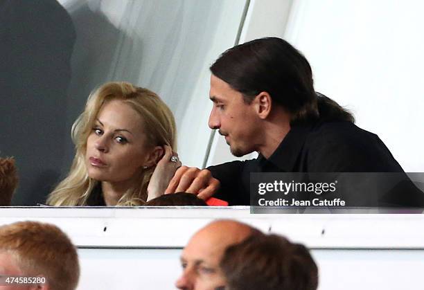 Zlatan Ibrahimovic of PSG and his wife Helena Seger attend the French Ligue 1 match between Paris Saint-Germain and Stade de Reims at Parc des...