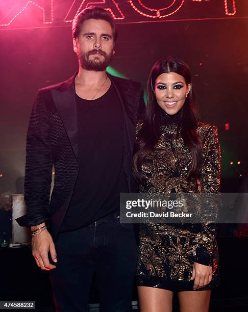 Television personalities Scott Disick and Kourtney Kardashian attend his birthday celebration at 1 OAK Nightclub at The Mirage Hotel & Casino on May...