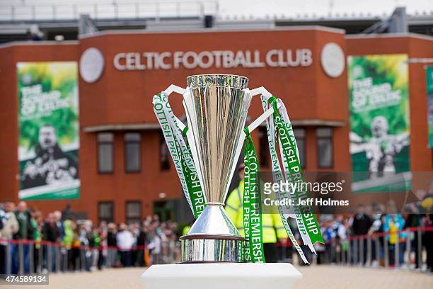 The Premiership trophy on display in front of the stadium ahead of the Scottish Premiership match between Celtic and Inverness Caley Thistle at...