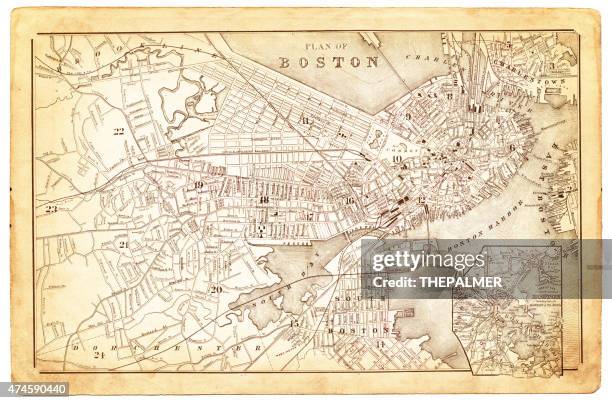 ilustraciones, imágenes clip art, dibujos animados e iconos de stock de mapa de boston 1880 - boston massachusetts