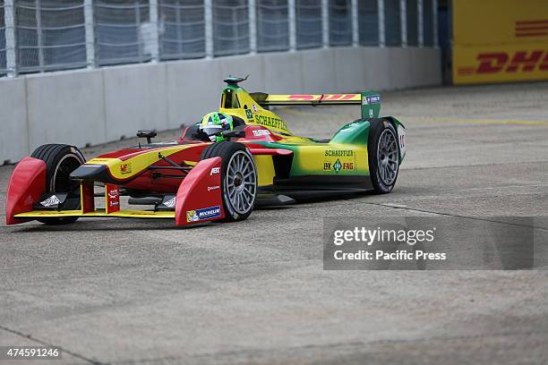 Formula E cars on the track at the former Tempelhof Airport in Berlin. The premiere race of all-electric racing series Formula E takes place on the...