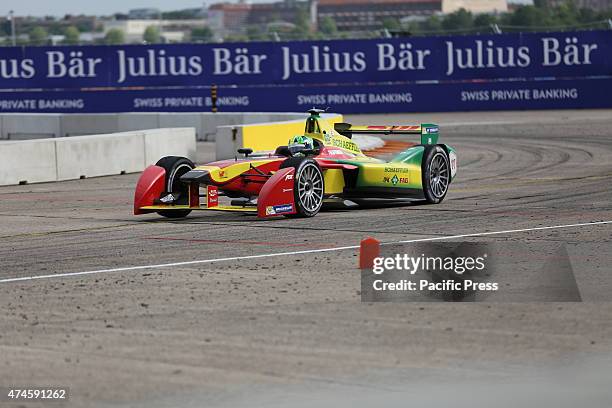 Formula E cars on the track at the former Tempelhof Airport in Berlin. The premiere race of all-electric racing series Formula E takes place on the...