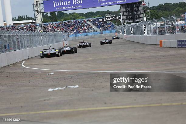 Formula E cars on the track at the former Tempelhof Airport in Berlin. The premiere race of all-electric racing series Formula E takes place on the...