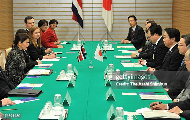 Costa Rican President Laura Chinchilla and Japanese Prime Minister Yoshihiko Noda talk during their meeting at Noda's official residence on December...