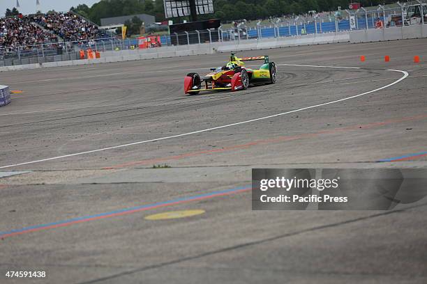 Formula E cars on the track at the former Tempelhof Airport in Berlin. The premiere race of all-electric racing series Formula E takes place on the...