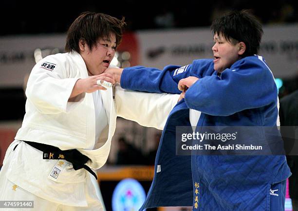 Megumi Tachimoto and Mika Sugimoto of Japan compete in the Women's +78kg final during day three of the Judo Grand Slam Tokyo at Tokyo Metropolitan...