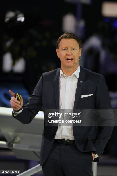 Hans Vestberg, chief executive officer of Ericsson AB, speaks during a news conference on the opening day of the Mobile World Congress in Barcelona,...