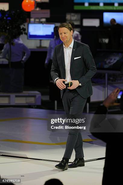 Hans Vestberg, chief executive officer of Ericsson AB, speaks during a news conference on the opening day of the Mobile World Congress in Barcelona,...