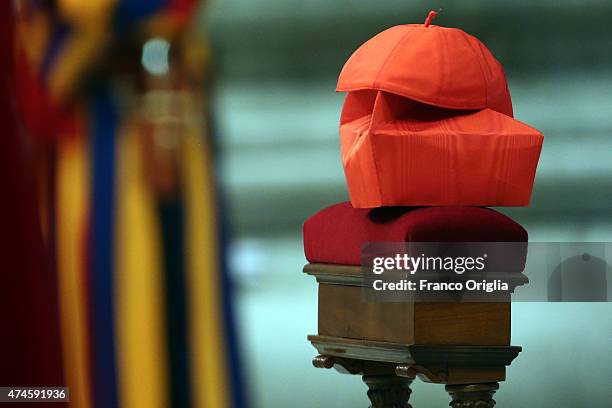 Biretta and a cup of a cardinal during the Pentecost Celebration presided by Pope Francis on May 24, 2015 in Vatican City, Vatican. Pope Francis...