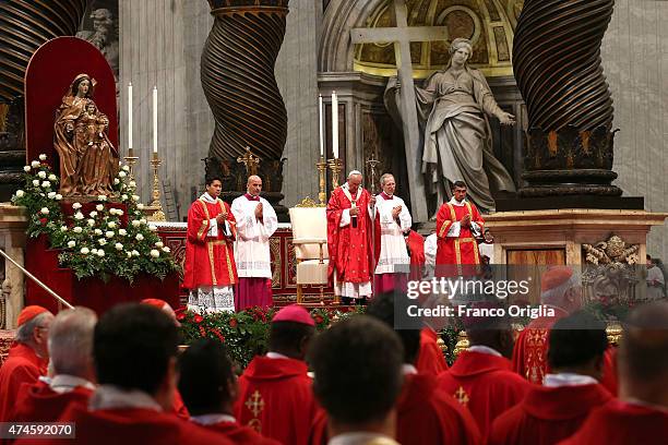 Pope Francis attends the Pentecost Celebration at the St. Peter's Basilica on May 24, 2015 in Vatican City, Vatican. Pope Francis presided over Mass...