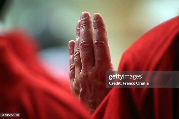 Bishop prays during the Pentecost Celebration presided by Pope Francis on May 24, 2015 in Vatican City, Vatican. Pope Francis presided over Mass in...