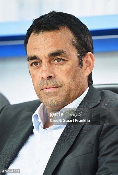 Robin Dutt, sport director of Stuttgart ponders during the Bundesliga match between SC Paderborn 07 and VfB Stuttgart at Benteler Arena on May 23,...