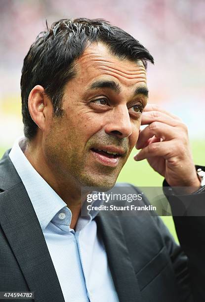 Robin Dutt, sport director of Stuttgart ponders during the Bundesliga match between SC Paderborn 07 and VfB Stuttgart at Benteler Arena on May 23,...