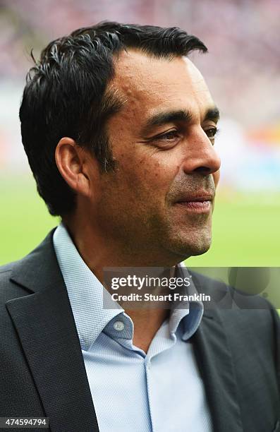 Robin Dutt, sport director of Stuttgart ponders during the Bundesliga match between SC Paderborn 07 and VfB Stuttgart at Benteler Arena on May 23,...