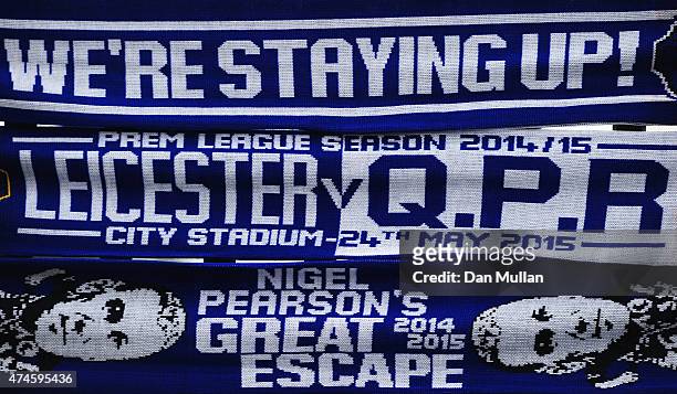 Scarves to celebrate avoiding the relegation on sale the Barclays Premier League match between Leicester City and Queens Park Rangers at The King...