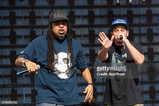 Michael Perretta, aka Evidence, and Rakaa Taylor of Dilated Peoples performs at the Sasquatch Music Festival at The Gorge on May 23, 2015 in George,...