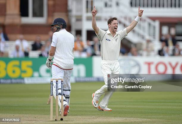 Matt Henry of New Zealand celebrates dismissing Joe Root of England during day four of 1st Investec Test match between England and New Zealand at...