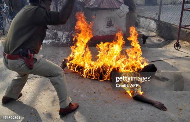 Pranab Boro, an activist of Krisak Mukti Sangram Samiti self-immolates in a protest demanding land rights for local people in various regions of...